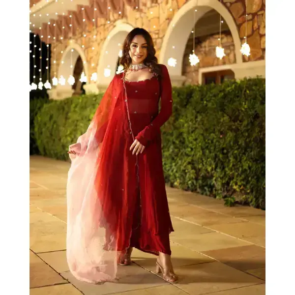 AACHHO-Maroon Blush Embroidered Georgette Suit Set