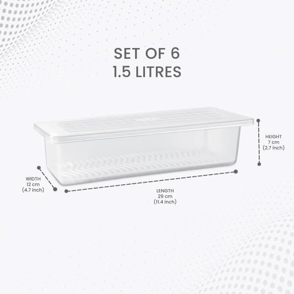 MILTON-Cryo Fridge Storage Boxes Set of 6 Fridge Organizer Container with Waterproof Vinyl Stickers & Removable Drain Plate, Lid, Stackable Box, Plastic Containers 1500 ml, Transparent