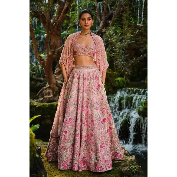 Anita Dongre-Florarose Embroidered Silk Lehenga Set - Blush