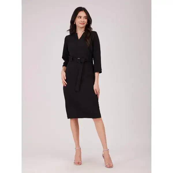 FableStreet-Panelled Sheath Dress - Black