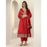 Libas-Orange Printed Silk Blend Anarkali Suit Sets With Dupatta