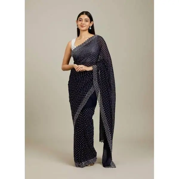 Manyavar-Midnight Blue Stone Work Saree