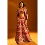 SEASONS-RED CLASSIC BRIDAL LEHENGA SET WITH ALL OVER PATTERNED THREAD WORK PAIRED WITH A MATCHING CROPPED JACKET AND SEQUIN DETAILS.