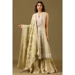 seasons-MUSTARD LIME GREEN SHARARA PANT SET AND A LONG KURTA TOP WITH ALL OVER PATTERNED EMBROIDERY PAIRED WITH A MATCHING DUPATTA AND CRYSTAL EMBELLISHMENTS.