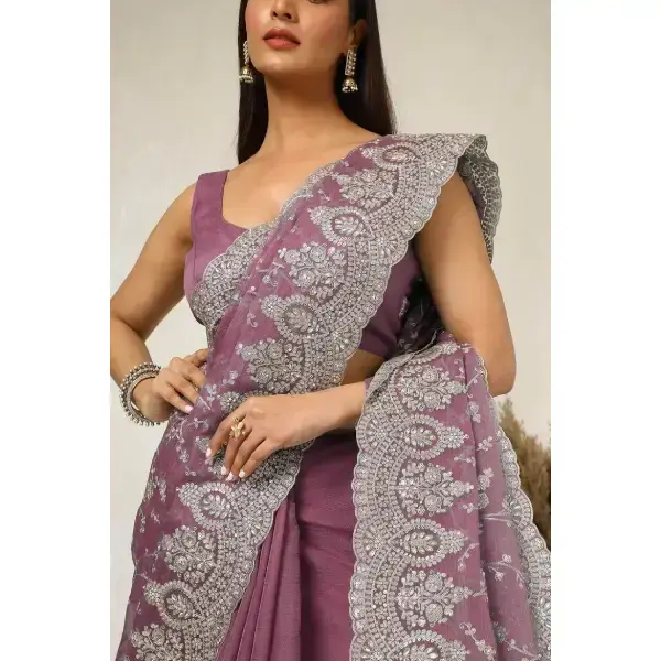 Soch-Onion Pink Chiffon Embroidered Saree With Beads And Stones