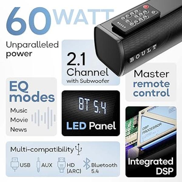 Boult Newly Launched Bassbox X60 2.1 Channel Soundbar with 60W Output, BoomX Dual Dynamic Drivers