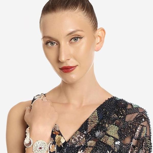 ZAVERI PEARLS Set Of 2 Multi-Colour Enamel Multistrand Beaded Kundan & Dazzling Crescent Bracelet For Women-ZPFK16853