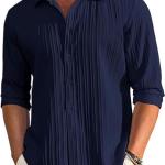 Men's Casual Button Down Shirts Long Sleeve Linen Shirt Fashion Textured Beach Summer Shirts
