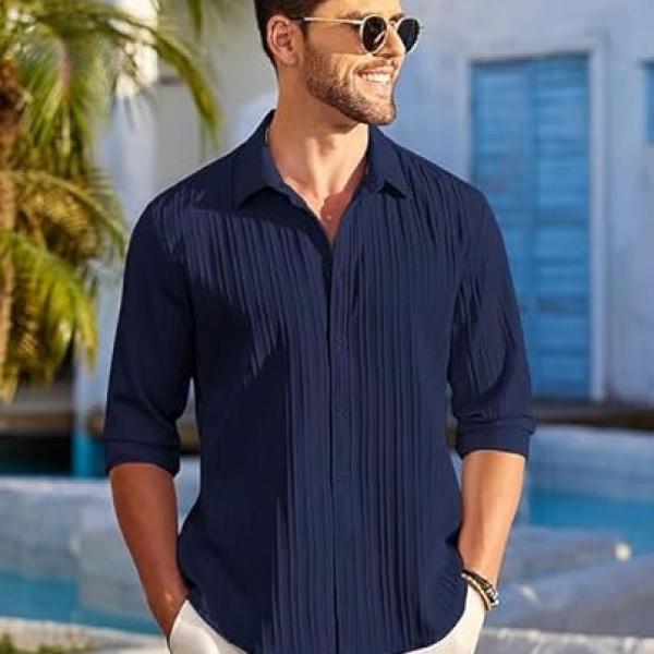 Men's Casual Button Down Shirts Long Sleeve Linen Shirt Fashion Textured Beach Summer Shirts