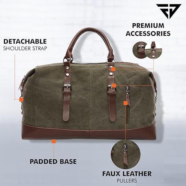 Fur Jaden 40L Canvas Weekender Travel Duffle Cabin Bag with Detachable Shoulder Strap (Military Green)