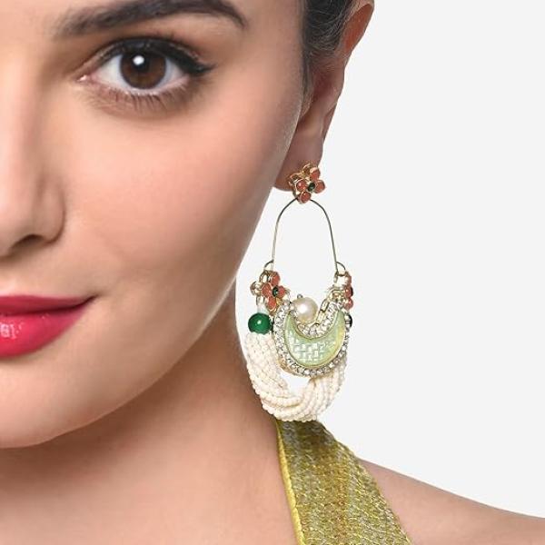 Zaveri Pearls Green & Peach Dazzling Stones Cresent Ethnic Dangle Earring For Women -ZPFK16397