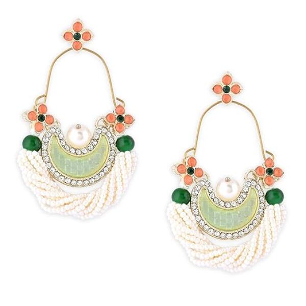 Zaveri Pearls Green & Peach Dazzling Stones Cresent Ethnic Dangle Earring For Women -ZPFK16397