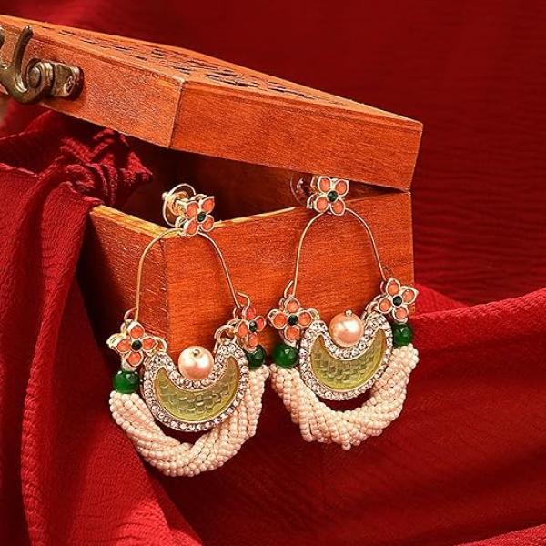 Zaveri Pearls Green & Peach Dazzling Stones Cresent Ethnic Dangle Earring For Women -ZPFK16397