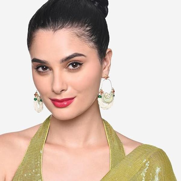 Zaveri Pearls Green & Peach Dazzling Stones Cresent Ethnic Dangle Earring For Women -ZPFK16397