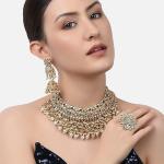 ZAVERI PEARLS Gold Tone Kundan Choker Necklace Earring Maangtikka & Ring Set For Women-ZPFK10799