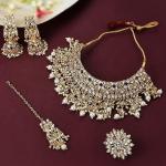 ZAVERI PEARLS Gold Tone Kundan Choker Necklace Earring Maangtikka & Ring Set For Women-ZPFK10799