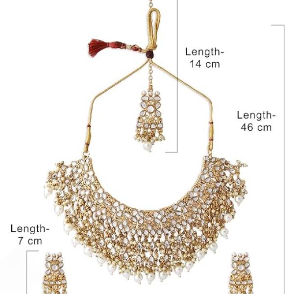 ZAVERI PEARLS Gold Tone Kundan Choker Necklace Earring Maangtikka & Ring Set For Women-ZPFK10799