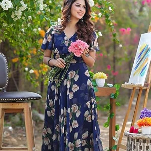 Women's Georgette Casual Floral Digital Print Half Sleeve Knee Length Fit and Flare Long Maxi Gown Dress