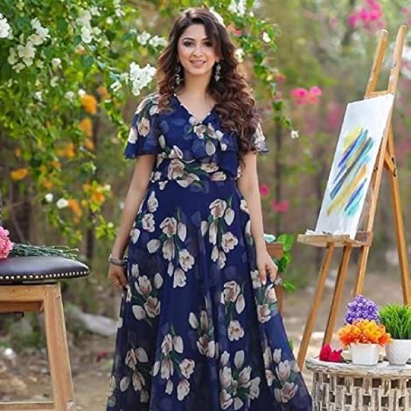 Women's Georgette Casual Floral Digital Print Half Sleeve Knee Length Fit and Flare Long Maxi Gown Dress