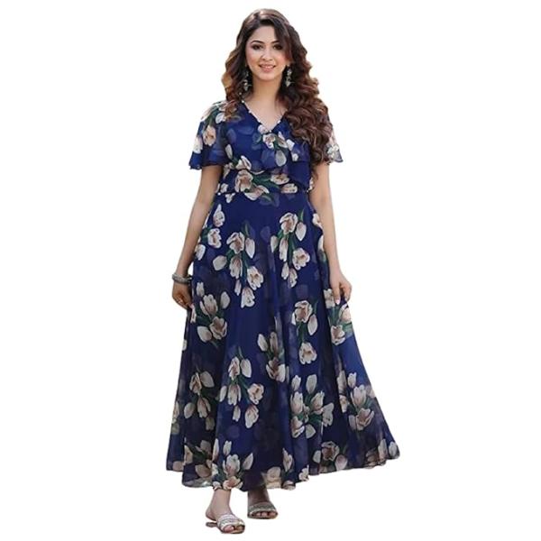 Women's Georgette Casual Floral Digital Print Half Sleeve Knee Length Fit and Flare Long Maxi Gown Dress