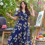 Women's Georgette Casual Floral Digital Print Half Sleeve Knee Length Fit and Flare Long Maxi Gown Dress