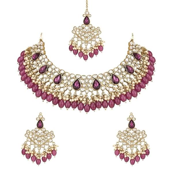 I Jewels Gold Plated Traditional Kundan Pearl Hanging Choker Necklace Jewellery Set With Earrings & Maang Tikka For Women & Girls