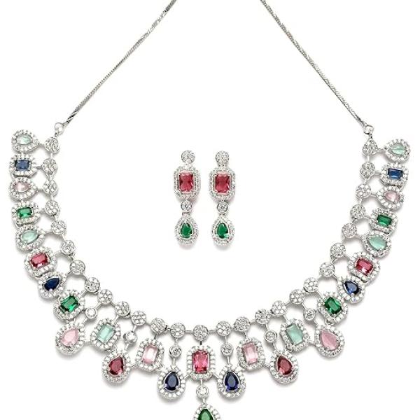 Karatcart Silver Toned American Diamond Studded Jewellery Set for Women