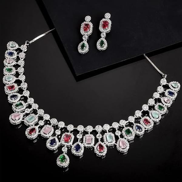 Karatcart Silver Toned American Diamond Studded Jewellery Set for Women