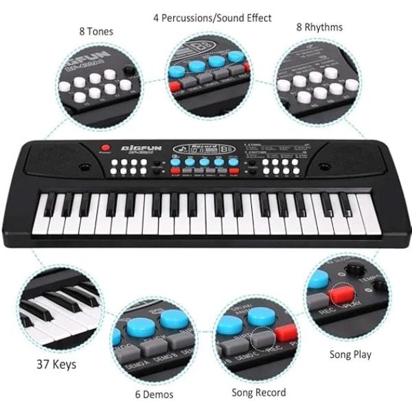 VEBETO Kids Piano with Mic (1 Year Warranty) 37 Keys 8 Rhythms 8 Tones 6 Demos Portable Electronic Keyboard Toy Beginners Educational Songs