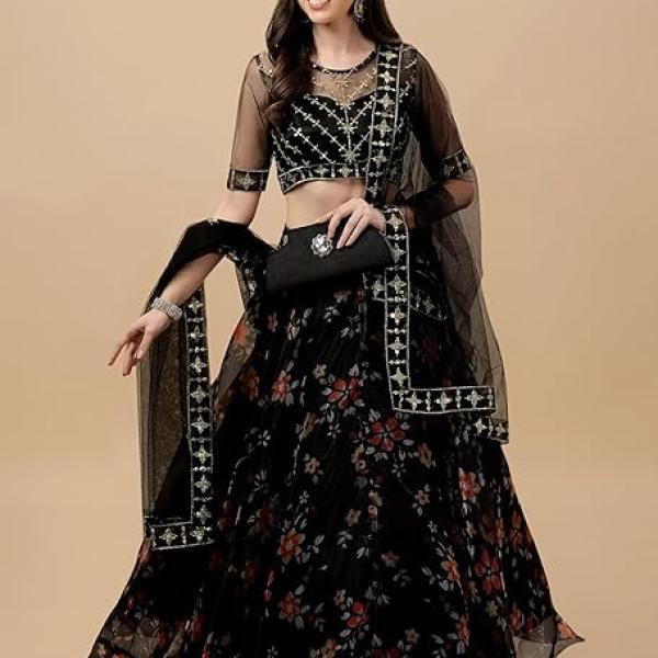 Suppar Sleave Women's Ethnic Wear Floral Digital Printed Organza zari Sequin Work Semi-Stitched Lehenga Choli With Dupatta
