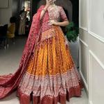 Women's Trending Designeer Tussar Silk Lehenga Choli Print with Foil Work With Unstitched Blouse Patola Print Adorned with Foil Work For Navrati