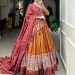 Women's Trending Designeer Tussar Silk Lehenga Choli Print with Foil Work With Unstitched Blouse Patola Print Adorned with Foil Work For Navrati