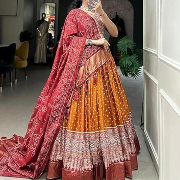 Women's Trending Designeer Tussar Silk Lehenga Choli Print with Foil Work With Unstitched Blouse Patola Print Adorned with Foil Work For Navrati