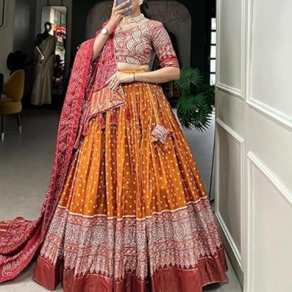 Women's Trending Designeer Tussar Silk Lehenga Choli Print with Foil Work With Unstitched Blouse Patola Print Adorned with Foil Work For Navrati
