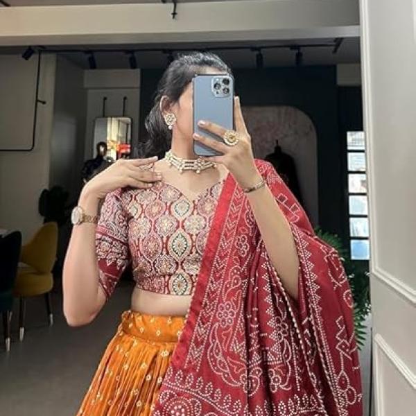 Women's Trending Designeer Tussar Silk Lehenga Choli Print with Foil Work With Unstitched Blouse Patola Print Adorned with Foil Work For Navrati