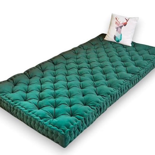 ATOOTFUSION Cotton Floor Mattress, 4 inch Thick Tufted Cushion, 72 x 30 inch, Foldable, Rollable Light Weight Cotton Mattress Dark Green