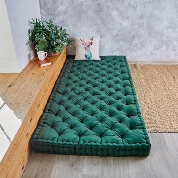 ATOOTFUSION Cotton Floor Mattress, 4 inch Thick Tufted Cushion, 72 x 30 inch, Foldable, Rollable Light Weight Cotton Mattress Dark Green