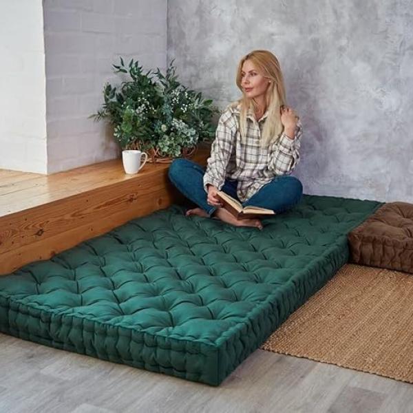 ATOOTFUSION Cotton Floor Mattress, 4 inch Thick Tufted Cushion, 72 x 30 inch, Foldable, Rollable Light Weight Cotton Mattress Dark Green