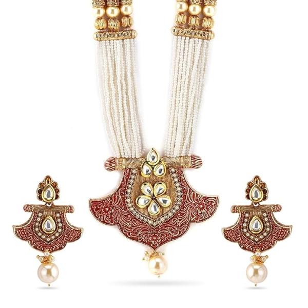 Rubans 18K Gold Plated Red Enamel & Kundan Studded White Pearl Beaded Multistrand Necklace Set for Women & Girls – Wedding & Festive Jewelry