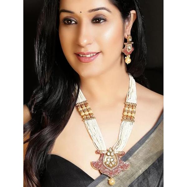 Rubans 18K Gold Plated Red Enamel & Kundan Studded White Pearl Beaded Multistrand Necklace Set for Women & Girls – Wedding & Festive Jewelry
