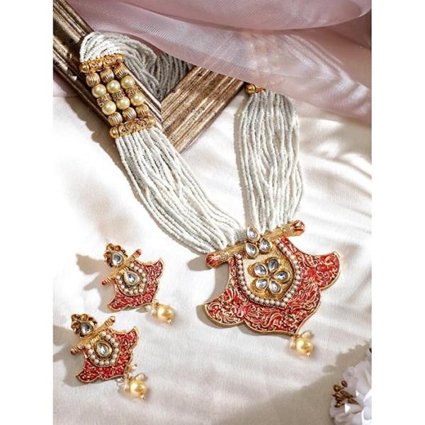 Rubans 18K Gold Plated Red Enamel & Kundan Studded White Pearl Beaded Multistrand Necklace Set for Women & Girls – Wedding & Festive Jewelry