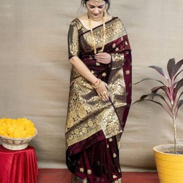 Women's Pure Soft Kanjivaram Silk Saree For Wedding Banarasi Style Sari With Blouse Piece