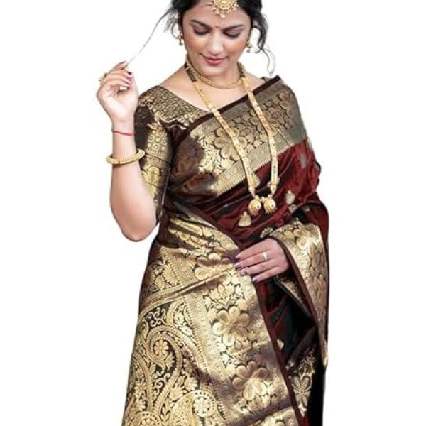 Women's Pure Soft Kanjivaram Silk Saree For Wedding Banarasi Style Sari With Blouse Piece