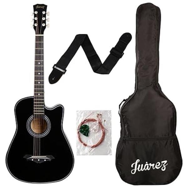 Juârez Acoustic Guitar Kit, JRZ38C/BK 38 Inch Cutaway, 038C with Bag, Strings, Pick and Strap, Black