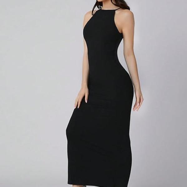 Solid Halter Neck Solid Bodycon Midi Dress for Women's & Girl's