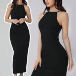 Solid Halter Neck Solid Bodycon Midi Dress for Women's & Girl's