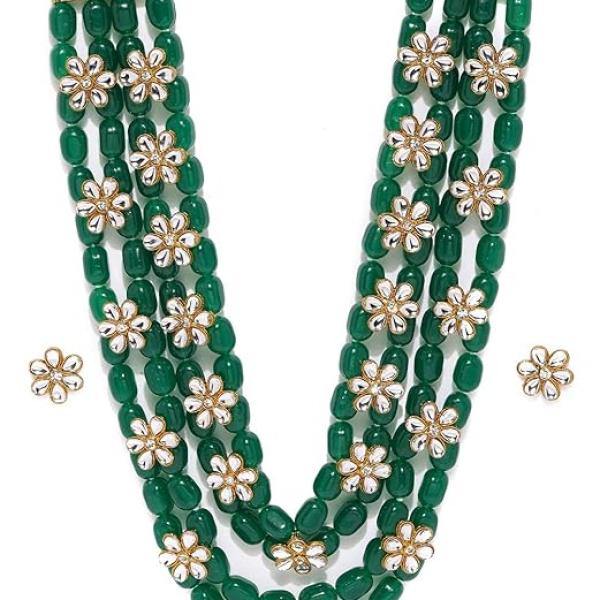 ZAVERI PEARLS Green Beads & Floral Kundan Necklace Set For Women-ZPFK9098