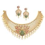 Zenem Gold Plated White & Red American Diamond Studded With Drop Pearl Beaded Jewellery Set For Women & Girl