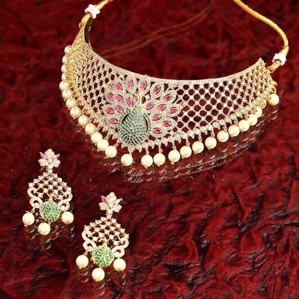 Zenem Gold Plated White & Red American Diamond Studded With Drop Pearl Beaded Jewellery Set For Women & Girl