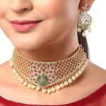 Zenem Gold Plated White & Red American Diamond Studded With Drop Pearl Beaded Jewellery Set For Women & Girl